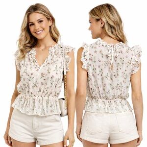 MNG Mango Suit Sheer Creme Floral Ruffled
Blouse XXS